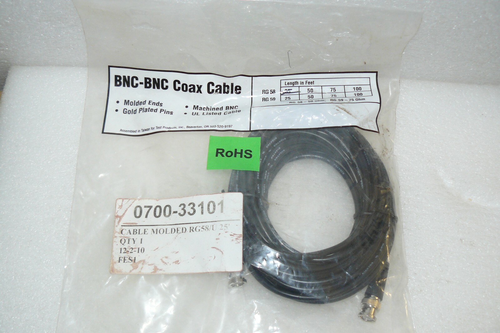 DIGI-KEY BNC-BNC COAX CABLE 58-300-1M MOLDED CABLE RG58/U 25FT NEW