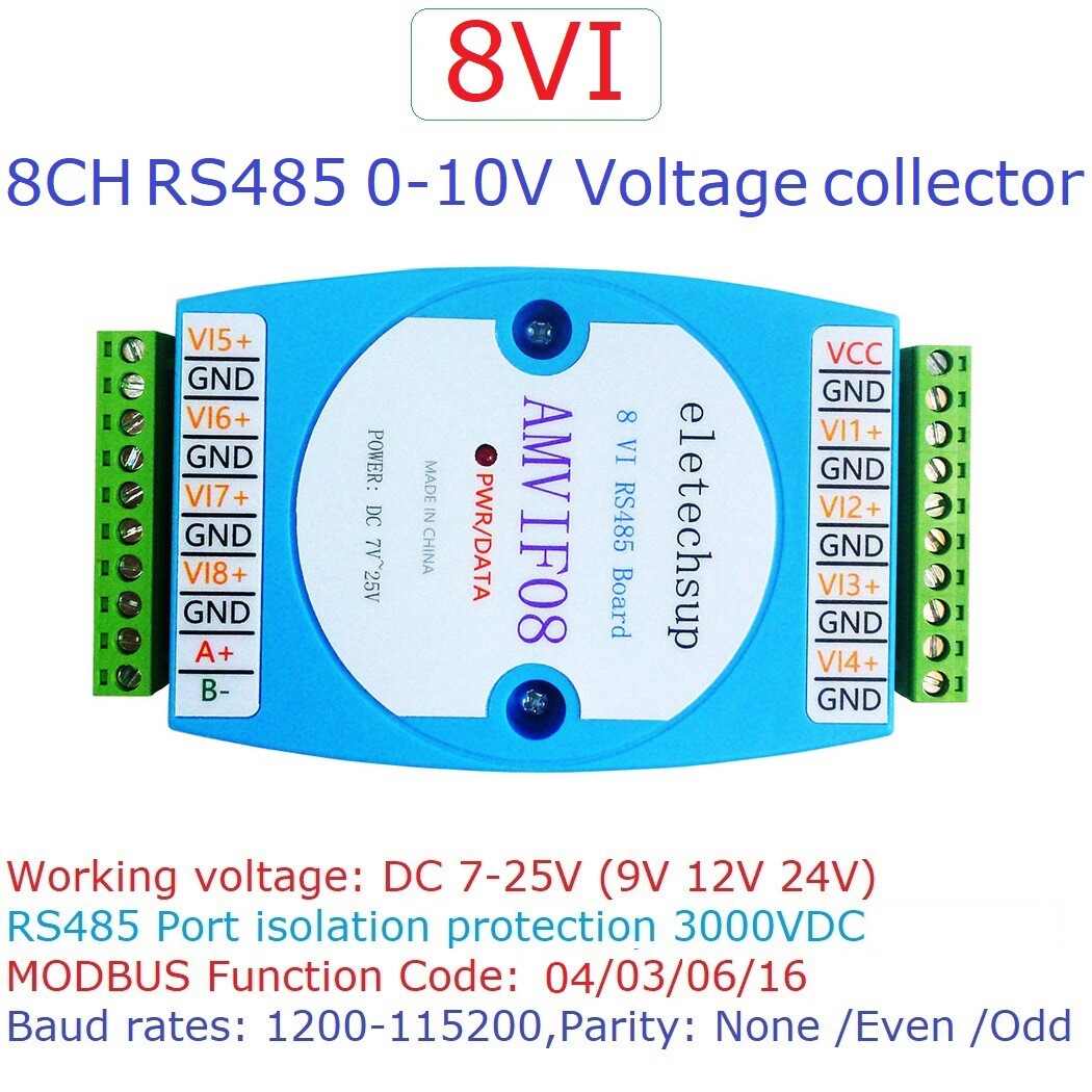 New DC 12V-24V 8 Channel 8AI 8VI 4-20MA/0-10V to RS485 Current/Voltage