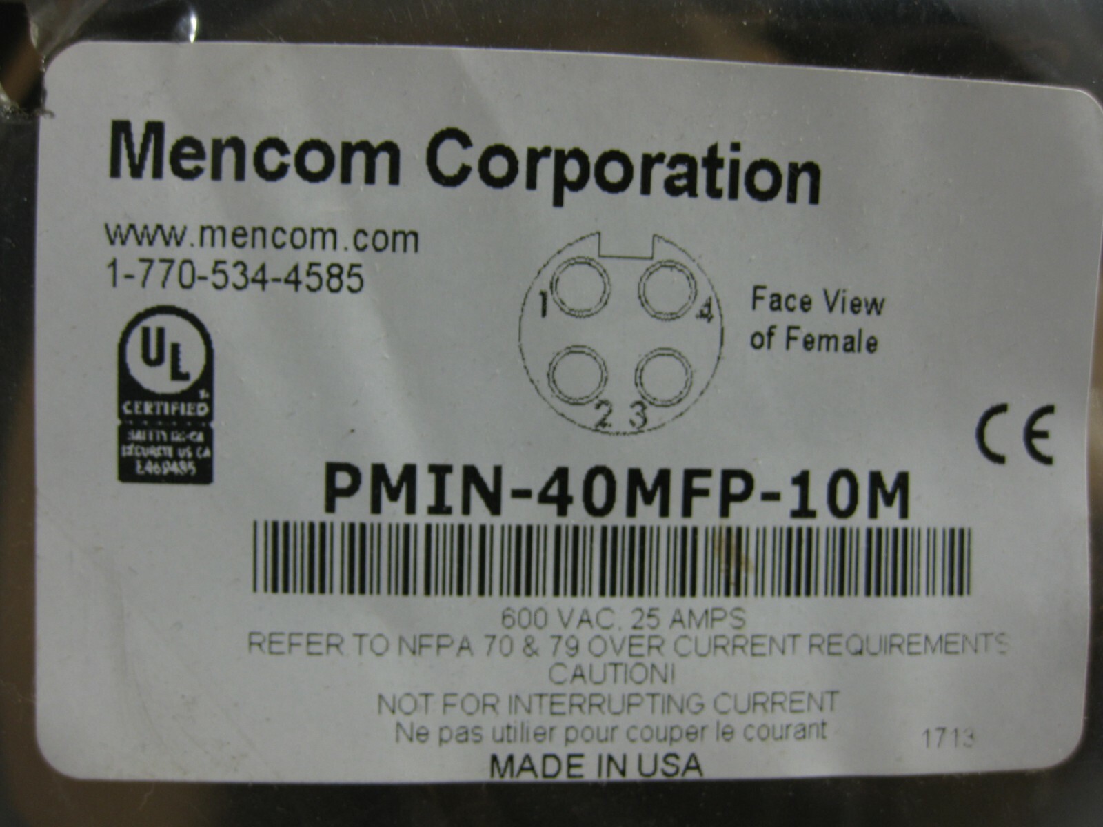 Mencom PMIN-40MFP-10M 4 Pole 10 AWG Mini Extension Cordset 10/4 25A 600V 10M MIN
