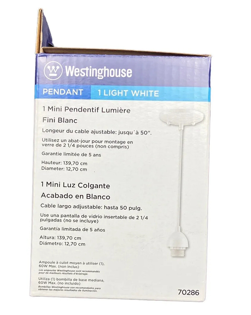 Westinghouse 1 Light Mini Pendant White Finish, Adjustable Cord Length, 70286