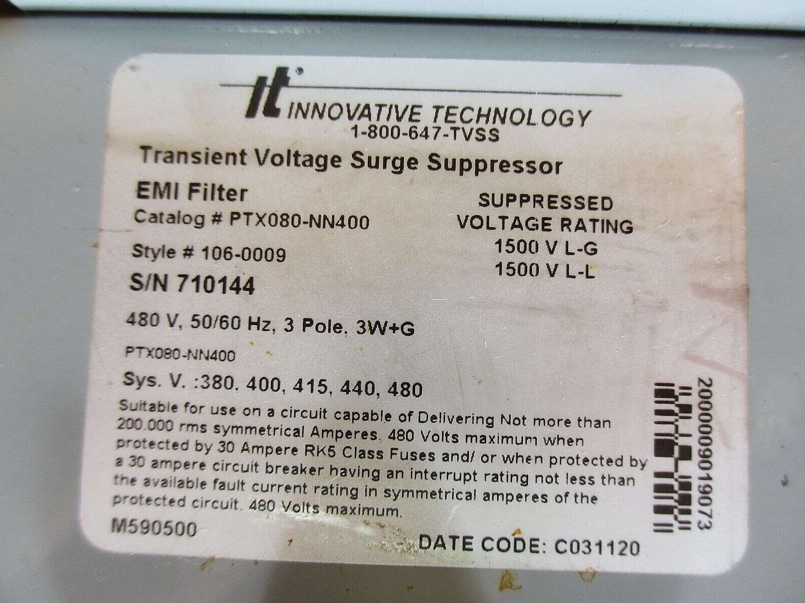 Innovative Technology PTX080-NN400 *USED* Transient Voltage Surge Suppressor
