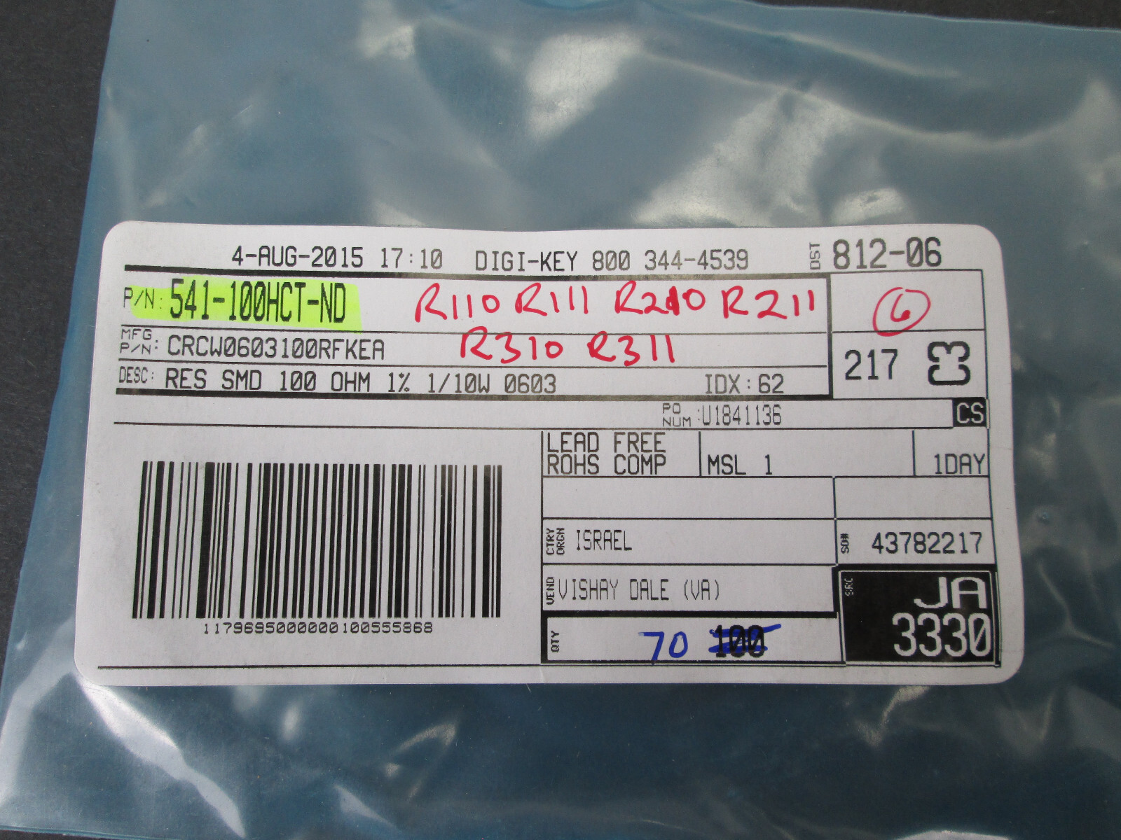 Lot of 70 Digi-Key Vishay Dale 100 Ohms ±1% 0.1W, 1/10W Chip Resistor 0603 1608