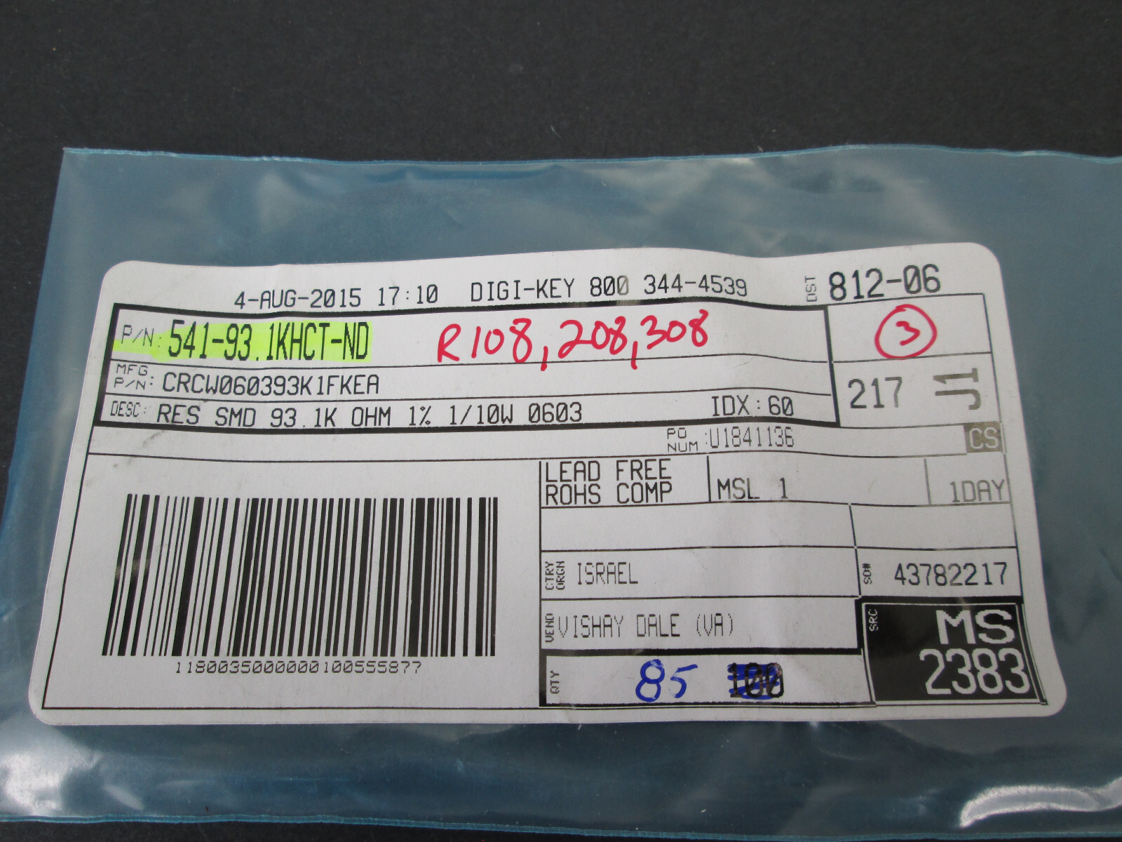 Lot of 85 Digi-Key Vishay Dale 93.1 kOhms ±1% 0.1W, 1/10W Chip Resistor 0603