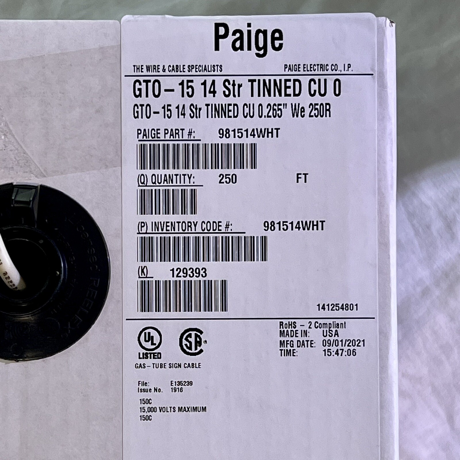 GTO15 Paige 981514 White 100 feet High Voltage NEON Sign Wire Insulated Cable