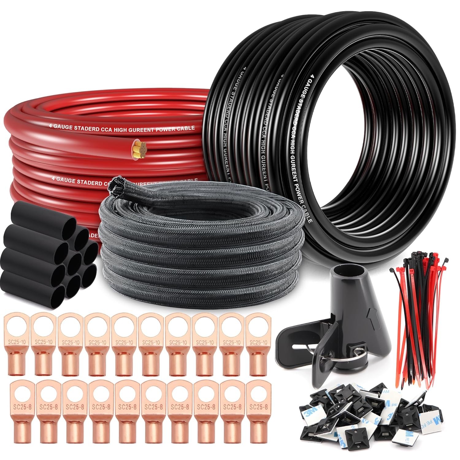 4 Gauge Wire(25ft Each – Red/Black) Copper Clad Aluminum 50FT W/Cable Sleeve