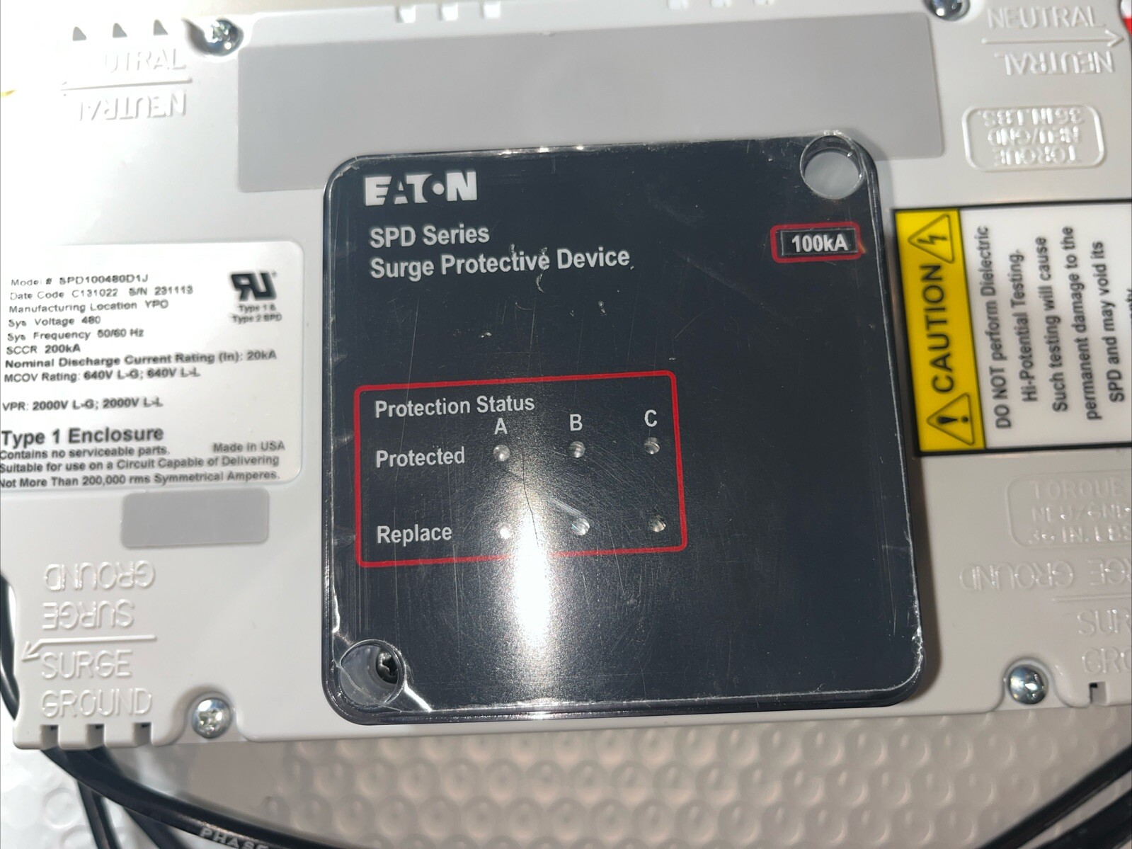EATON SPD100480D1J SPD SERIES SURGE PROTECTIVE DEVICE SCCR:200kA, 480V60H 100kA