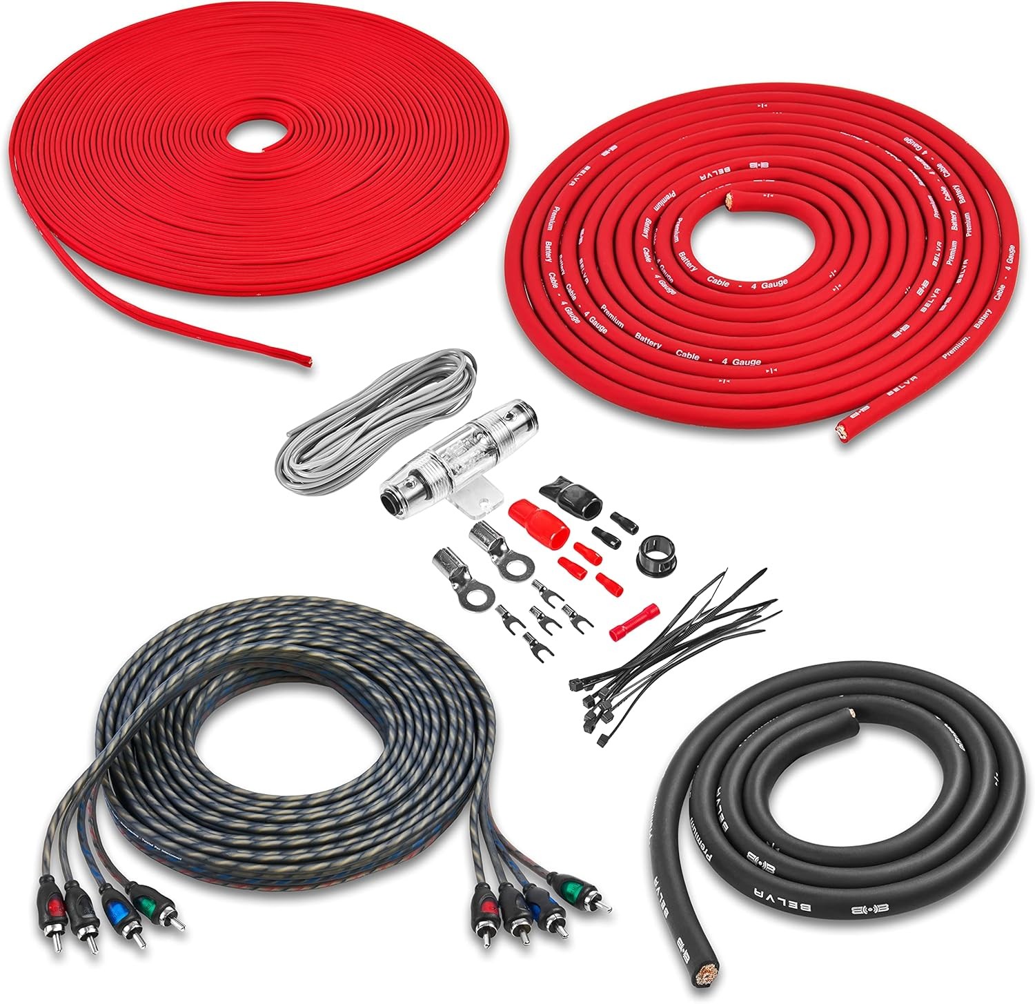 True 4 GA Premium CCA Complete Amp Wiring Kits W/ 4-Channel RCA Cable RED, BAK44