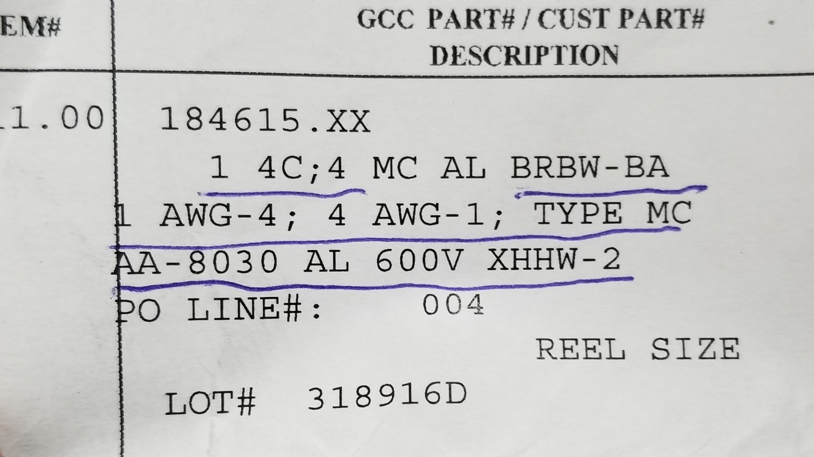 General Cable 1-1-1-1-4 Stabiloy MC Metal Clad AL XLPE Building Wire /5ft