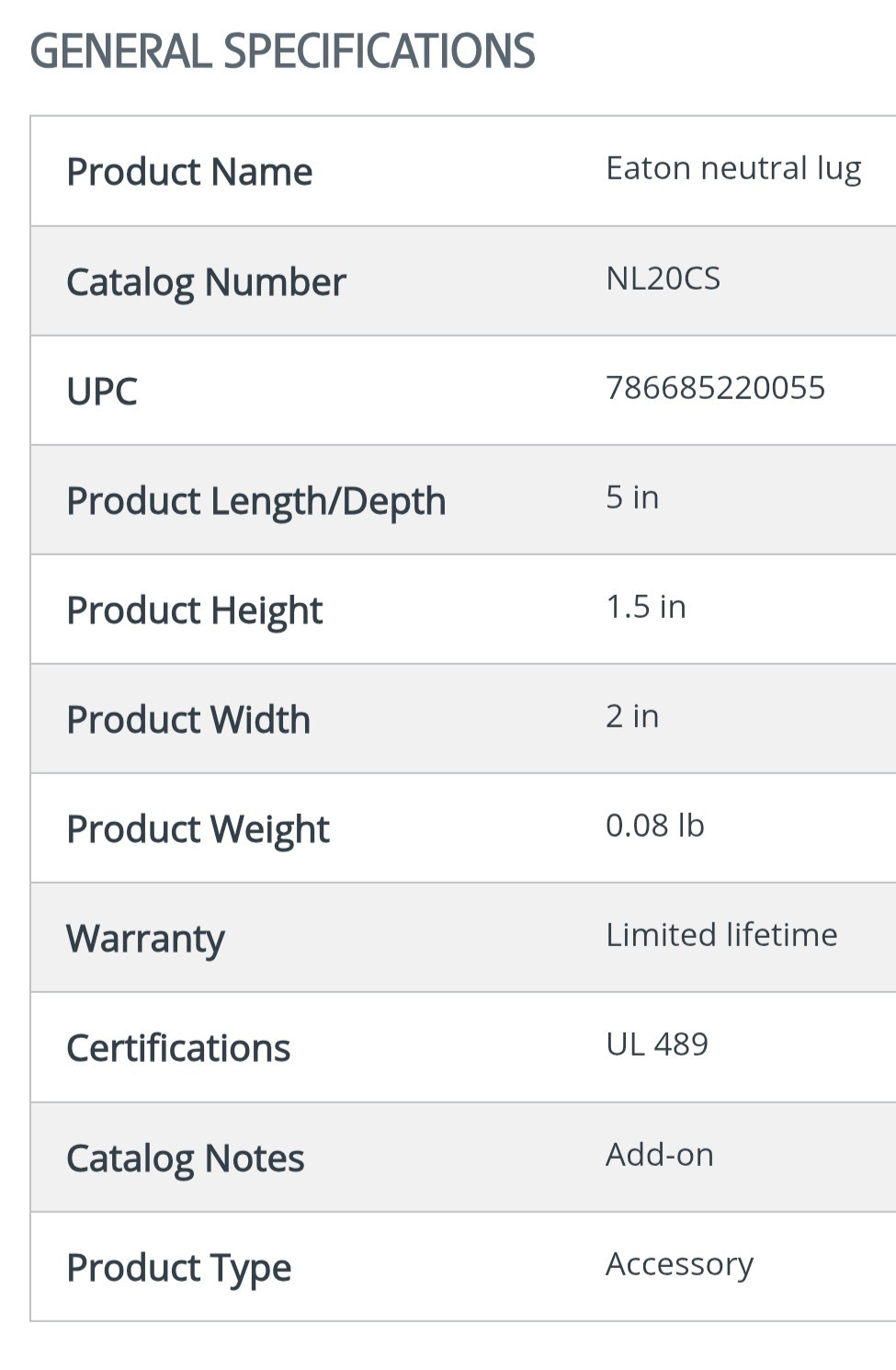 New – Eaton Neutral Lug Kit NL20CS – BR/CH Type – 2/0 Max. Wire Size (2 Pack)