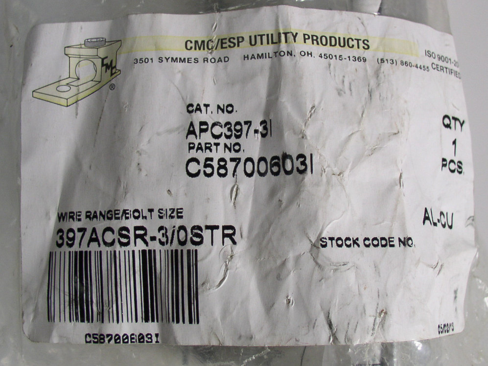 CMC/ESP Utility APC397-3I Aluminum Parallel Clamp 3/0 STR – 400 MCM .47/.78