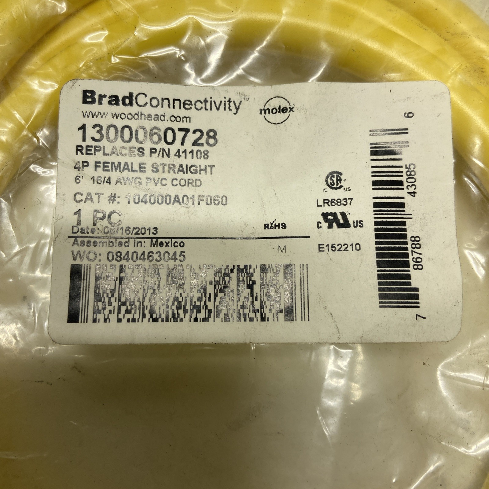 New Brad Connectivity 1300060728 Cordset 4P Female Straight 6FT 16/4 AWG 41108