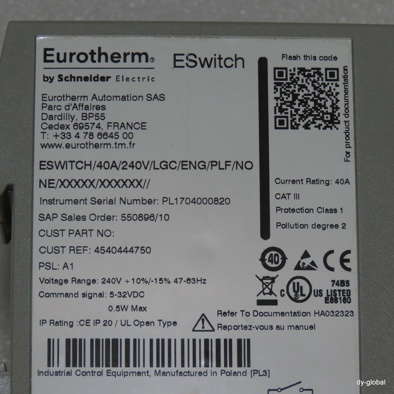 SCHNEIDER EUROTHERM Used ESWITCH/40A/240V/LGC/ENG/PLF/NONE/ ELEC-I-1605=9C28