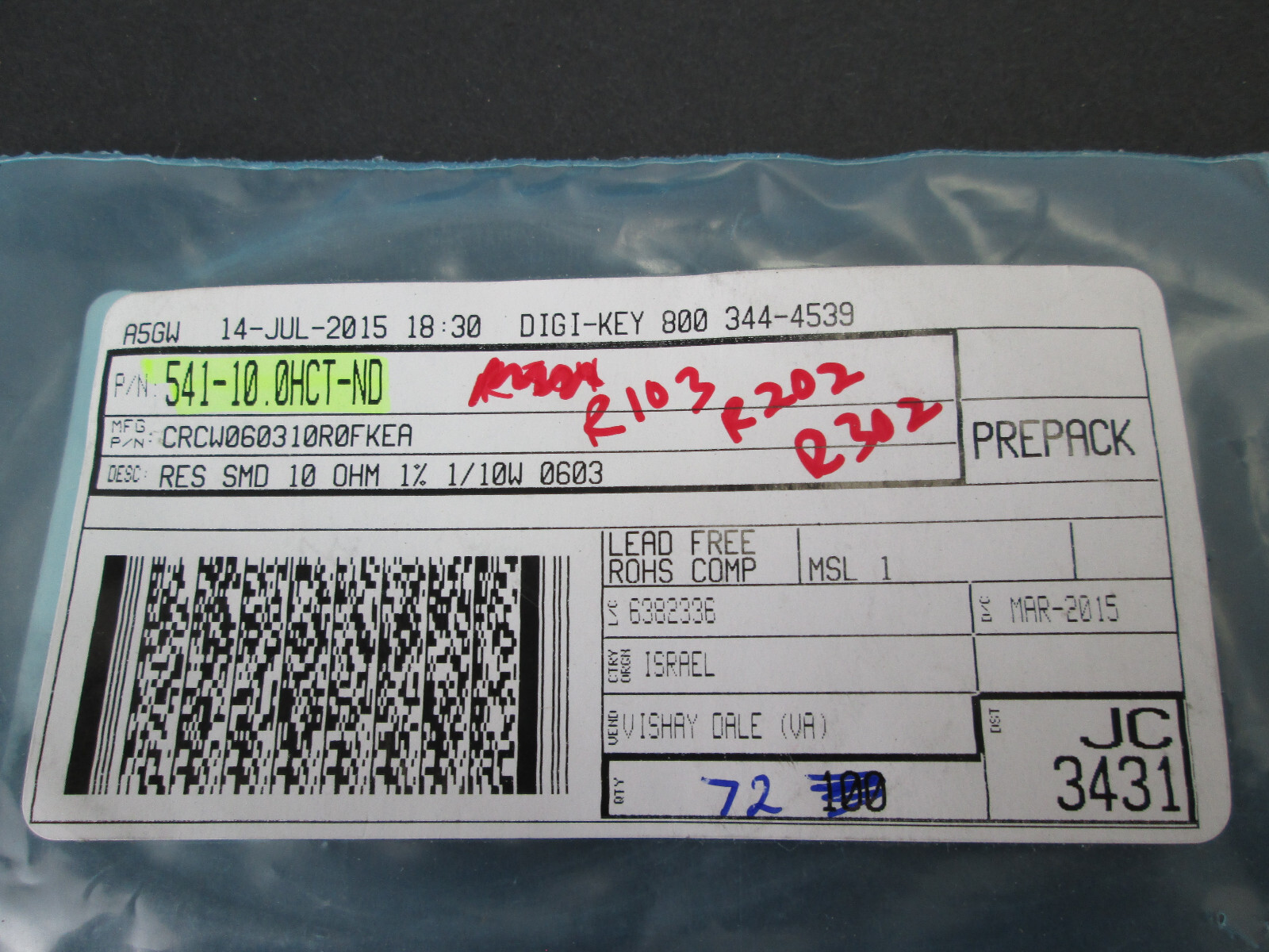 Lot of 72 Digi-Key Vishay Dale 10 Ohms ±1% 0.1W, 1/10W Chip Resistor 0603 1608