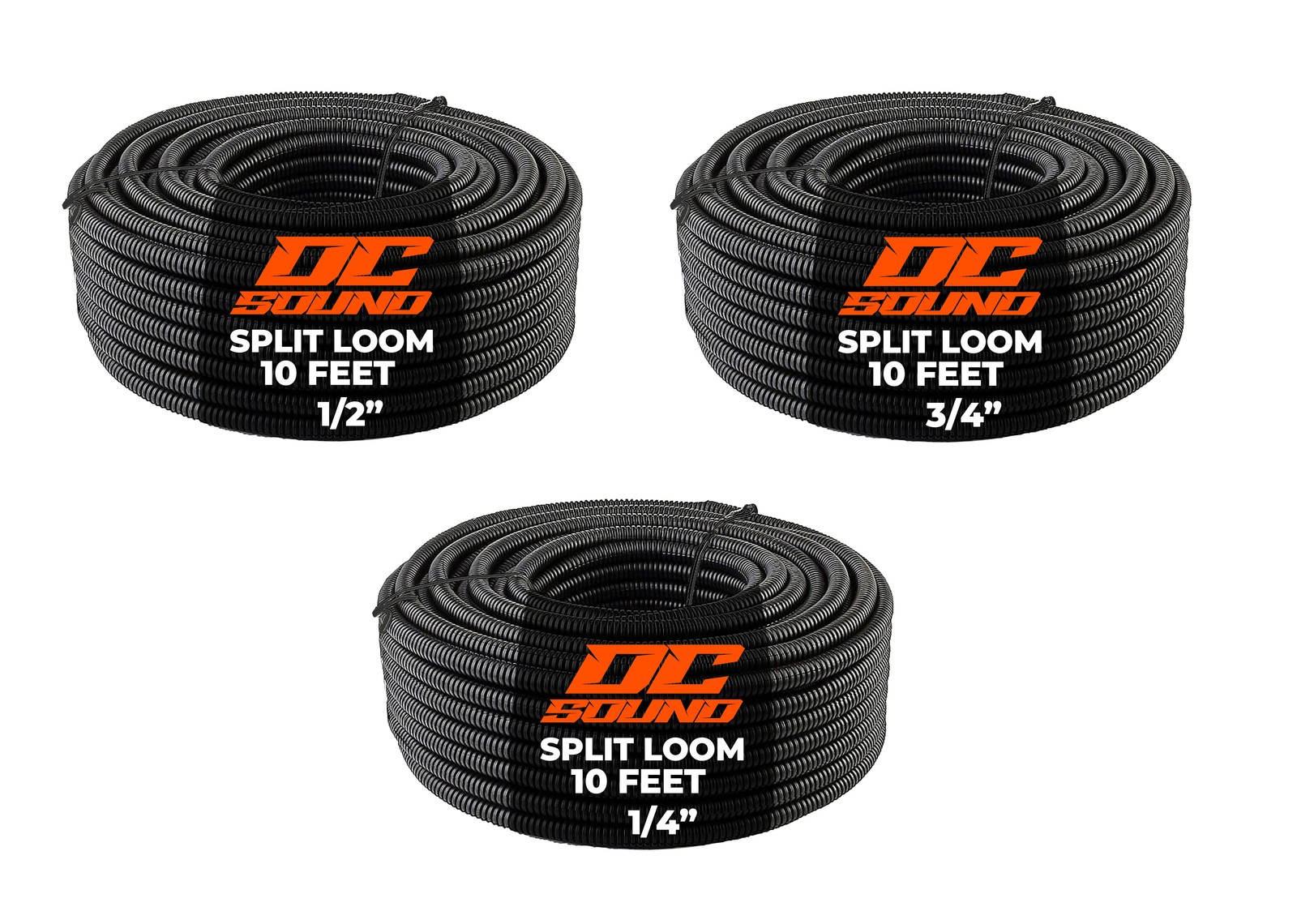 DC Sound 3-Pack 1/4″, 1/2″, 3/4″ x 20 Feet Each Split Wire Loom Convoluted