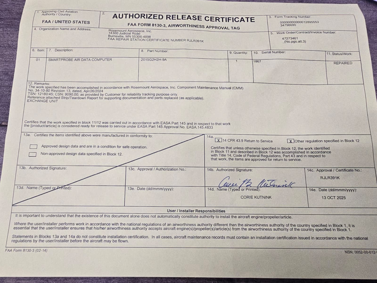 Rosemount Aerospace SMARTPROBE Air Data Computer 2015G2H2H2H9A W/Certifications