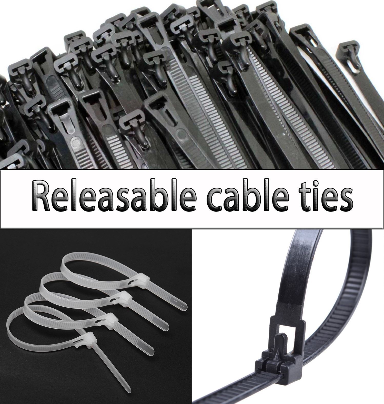 Black White Green Releasable Reusable Tie Wrap, Cable Tidy, Ties Zip Straps