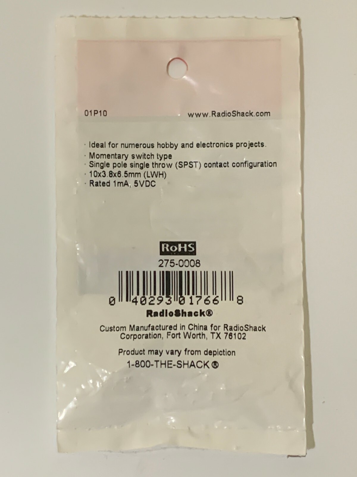 RADIOSHACK 275-0008 1mA 5VDC DETECT MOMENTARY SWITCH – 5VDC 1mA – 10×3.8×6.5mm