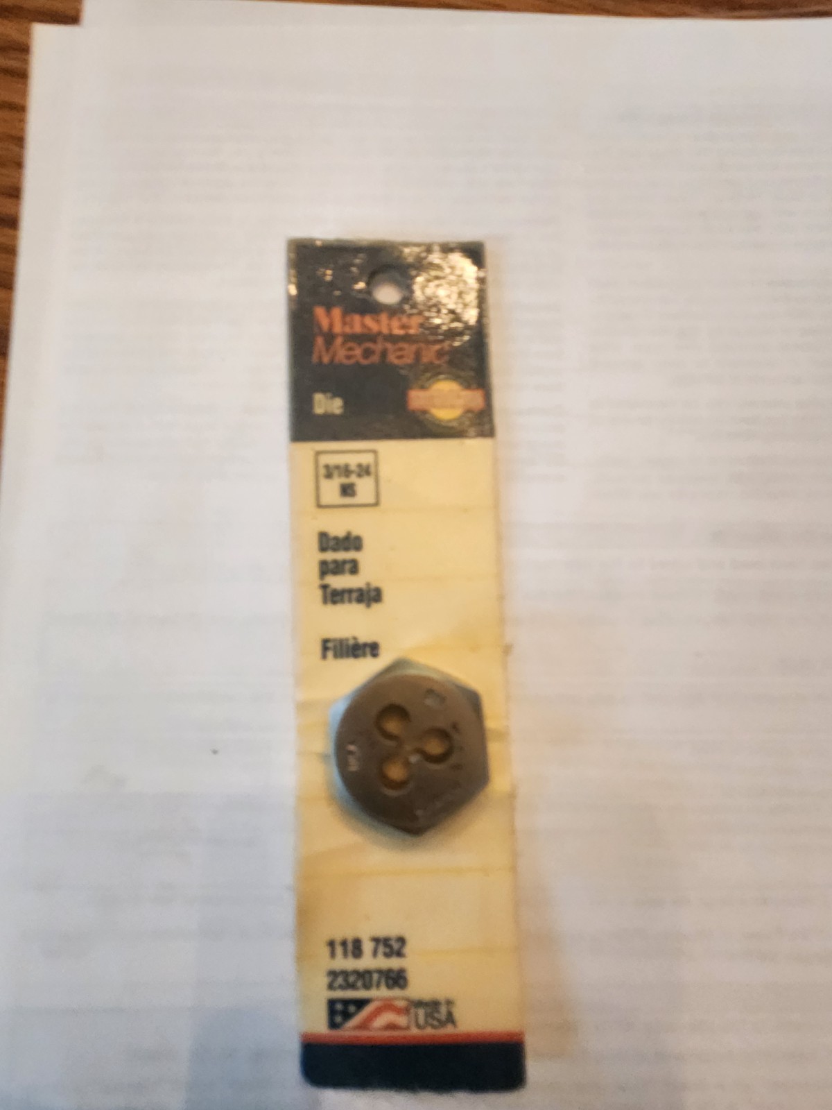 (0152.) 1″ Hex Die for 3/16-24 NS Threads – Made in USA Master Mechanic