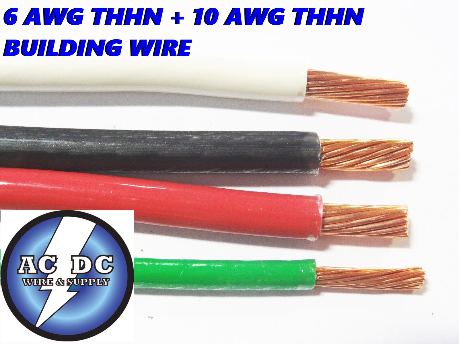 20′ EA THHN THWN 6 AWG GAUGE BLACK WHITE RED COPPER WIRE + 20 10 AWG GREEN