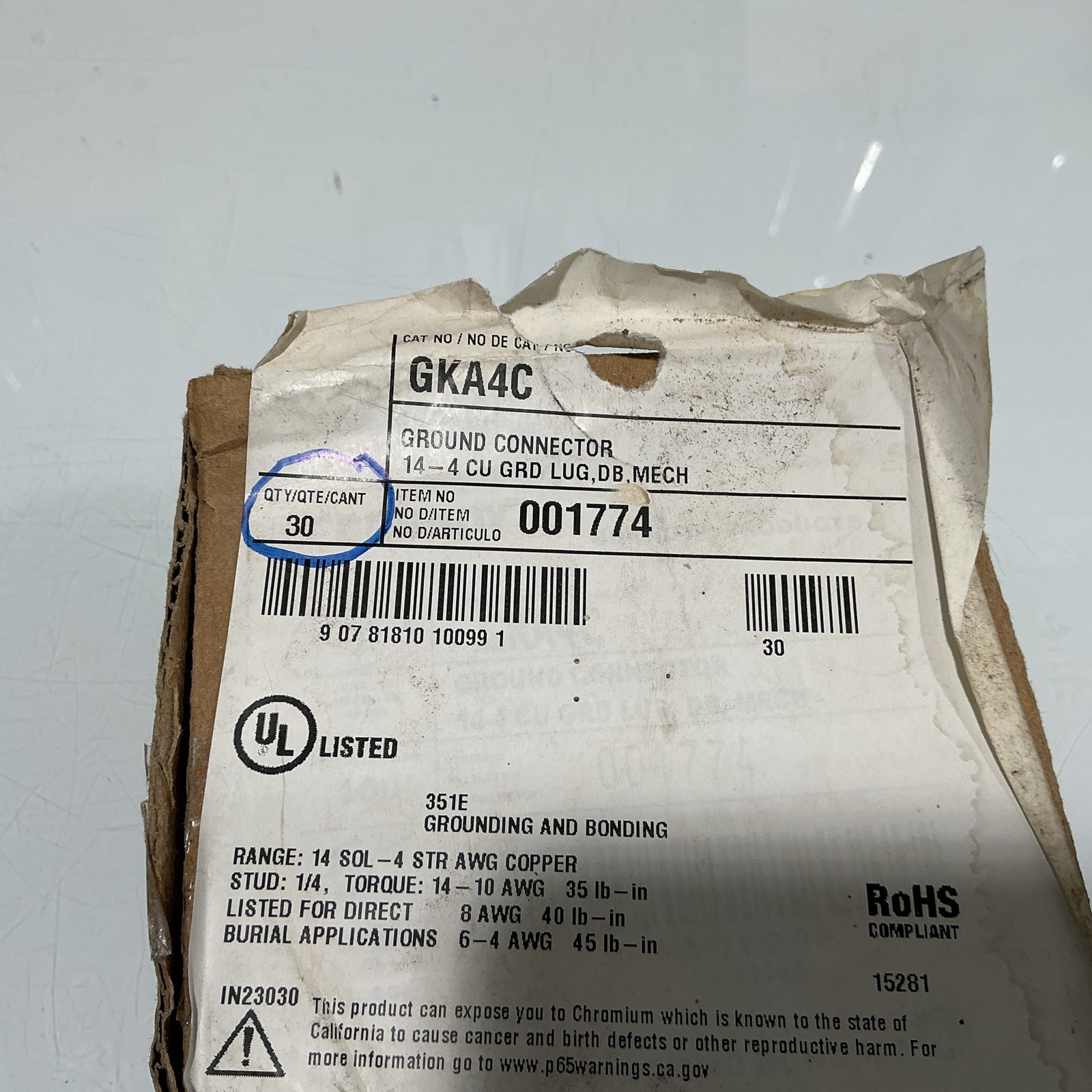 Burndy GKA-4C Ground Lug 14-4 (Qty 30)