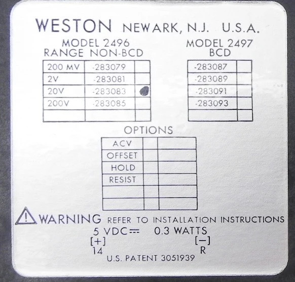 Weston Panel Meter 2496 NON-BCD 283083