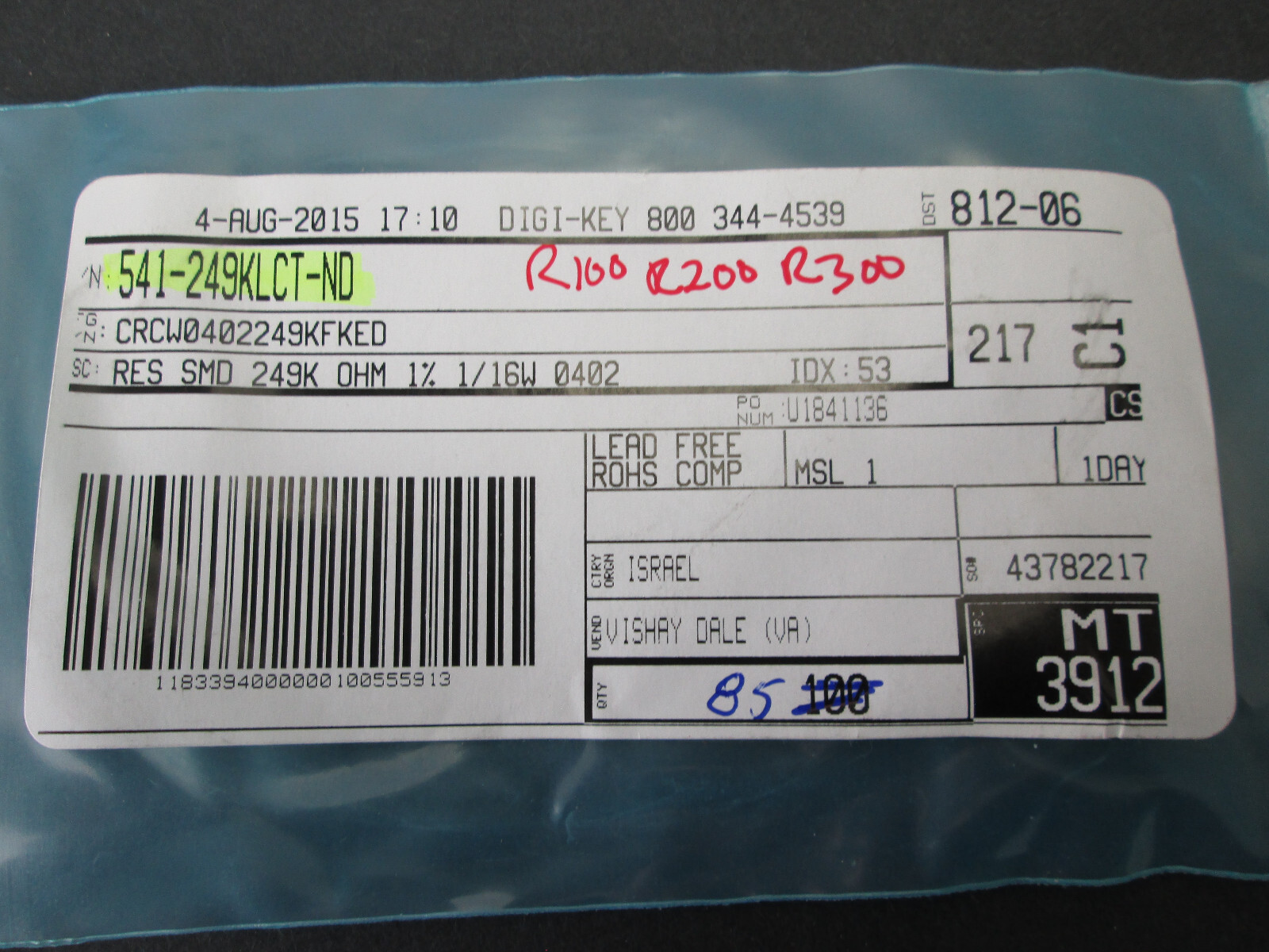 Lot of 85 Digi-Key Vishay Dale 249 kOhms ±1% 0.063W, 1/16W Chip Resistor 0402
