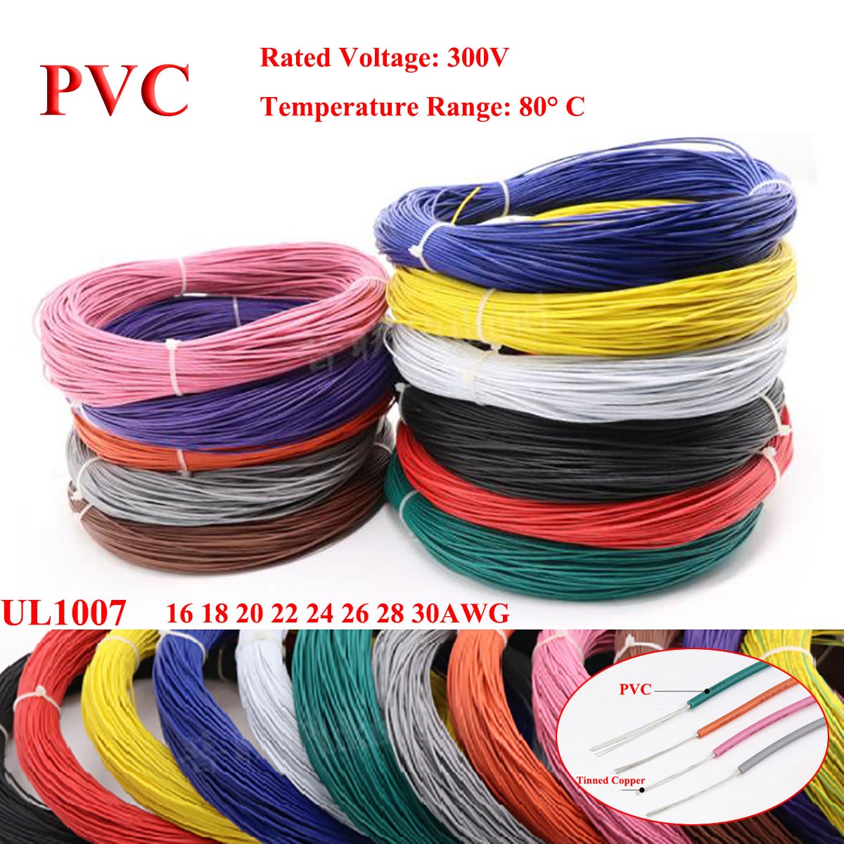 UL1007 PVC Electronic Cable 16~30AWG Flexible Stranded Hookup Wire Tinned Copper