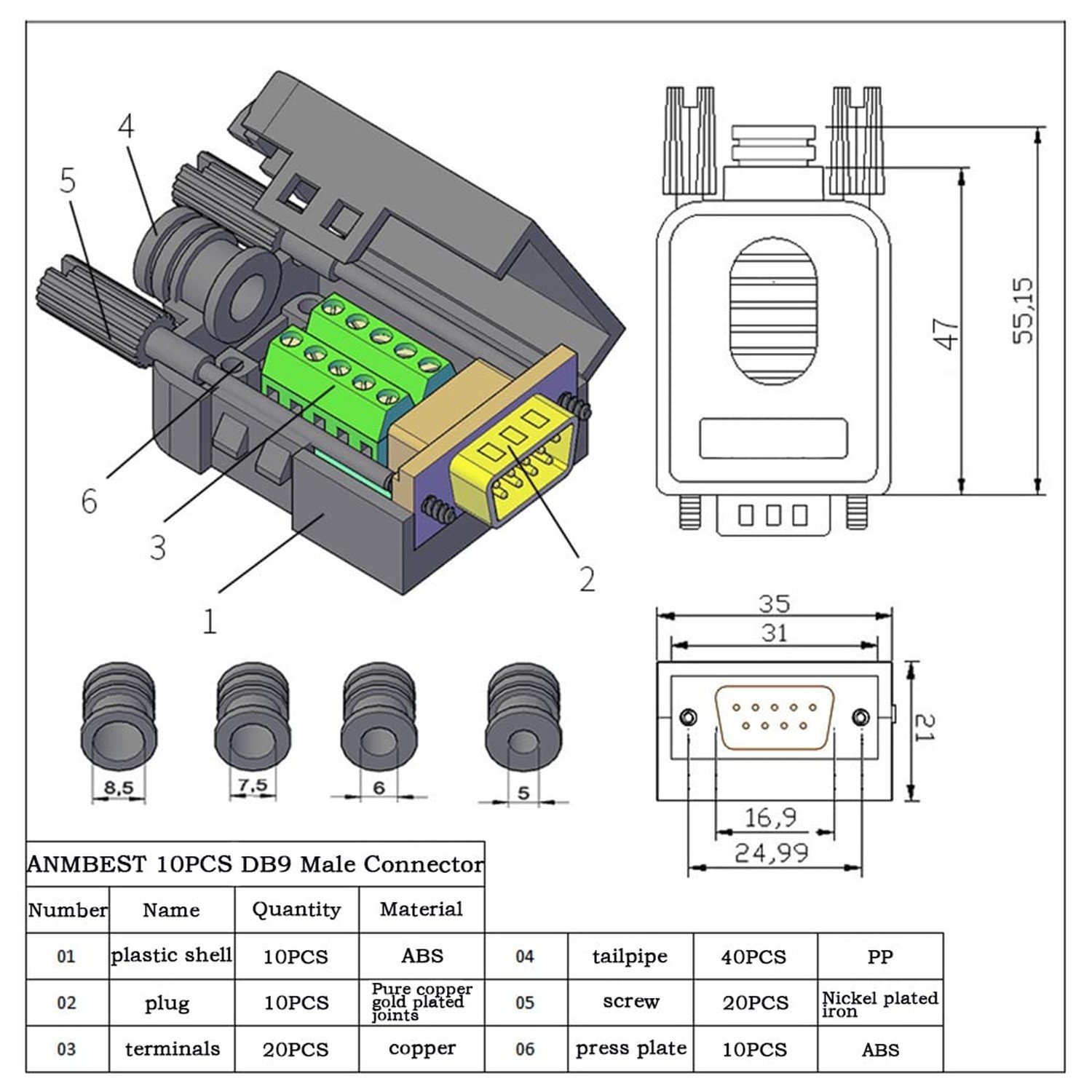 10PCS DB9 Male Breakout Connector,DB9 Solderless RS232 D-SUB Serial to 9-pin …