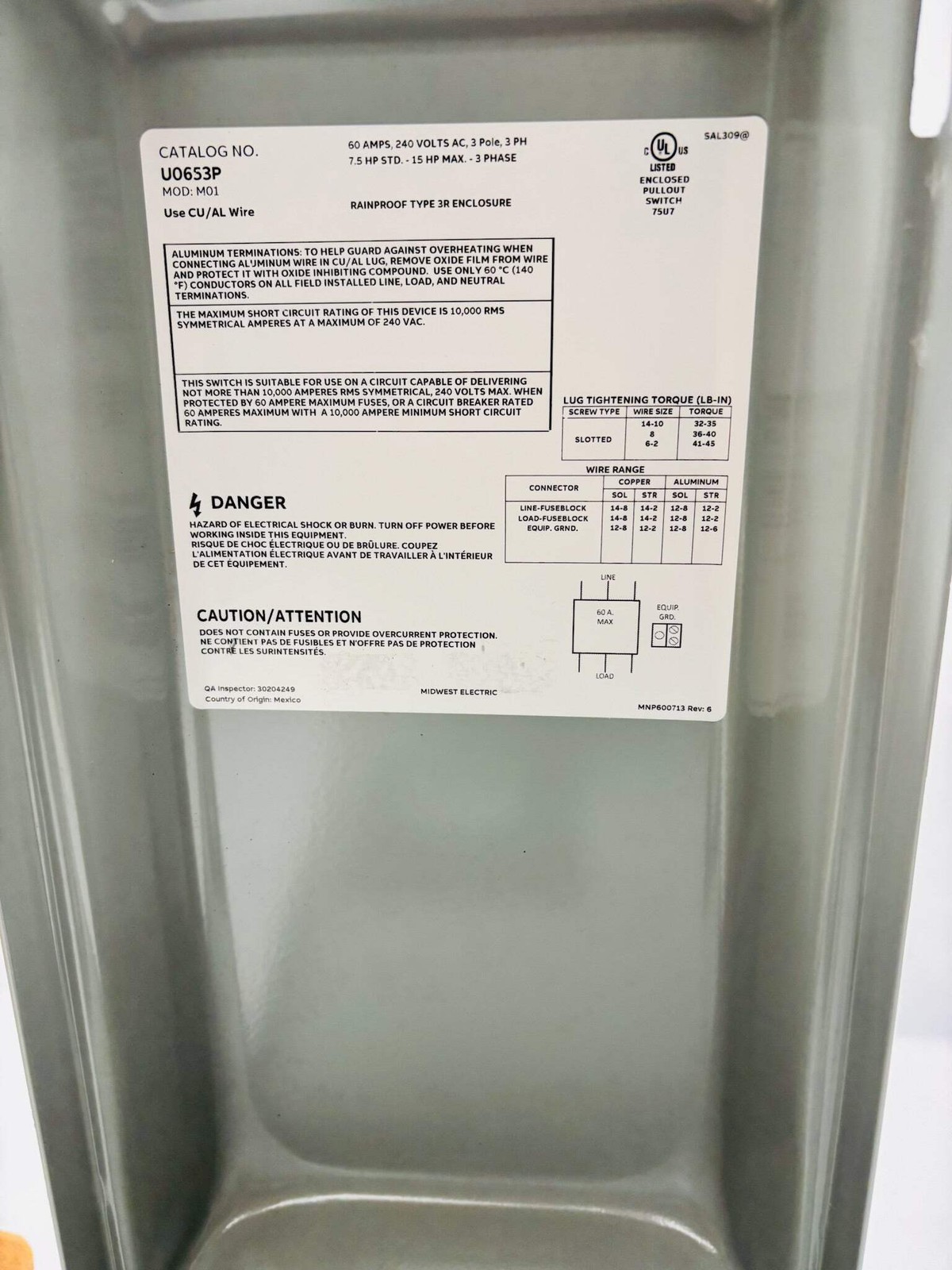 Midwest U0653P 60A 240V NEMA 3R Non-Fusible Pull-Out Disconnect