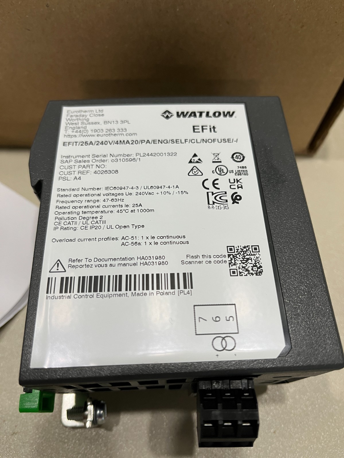 Watlow EFIT 25A/240V/4MA20/PA/ENG/SELF/CL/NOFUSE