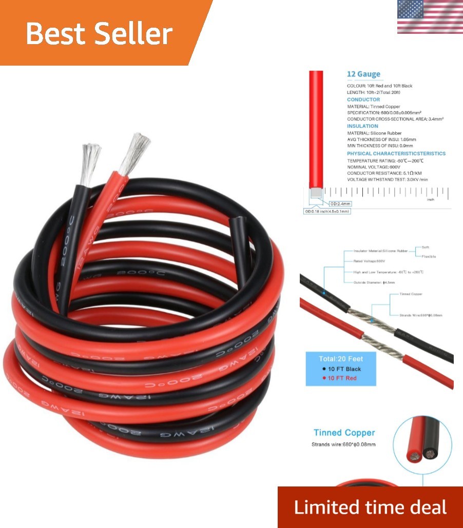 12 Gauge Silicone Wire Kit Red and Black Each 10ft Flexible 12 AWG Stranded T…