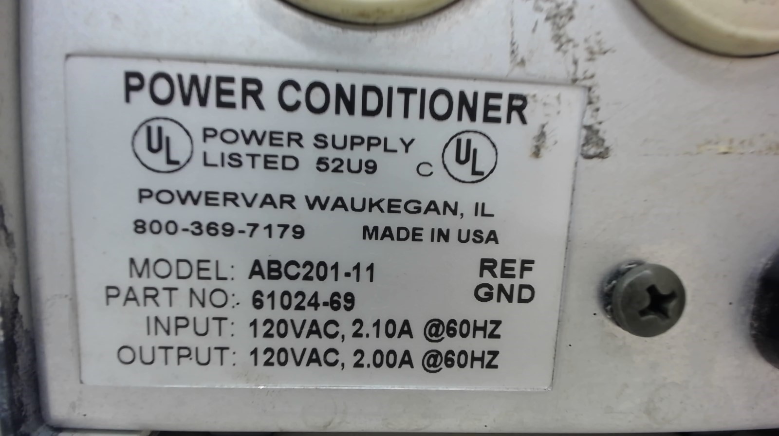 Powervar Power Conditioner, Abc201-11, 61024-69, In: 120 V Ac 2.1 A 60 Hz