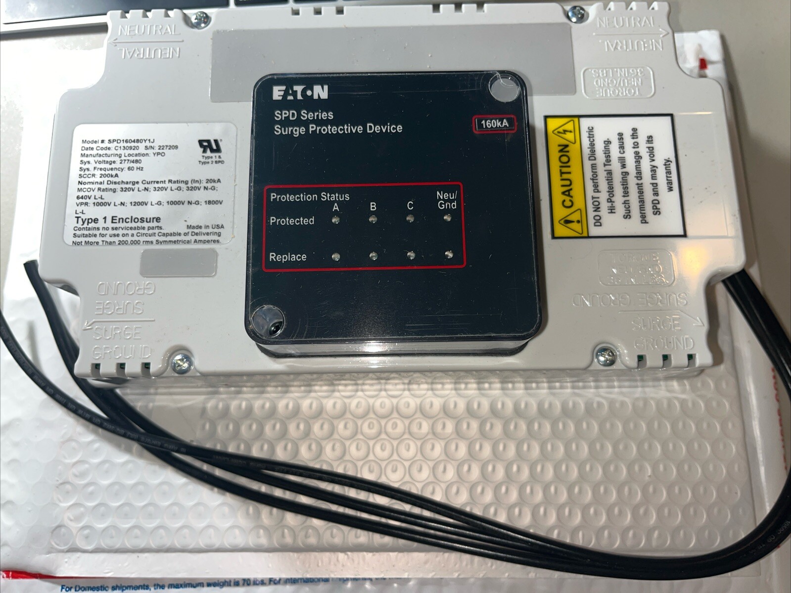 EATON SPD160480Y1J SPD SERIES SURGE PROTECTIVE DEVICE SCCR:200kA, 277/480V 60Hz