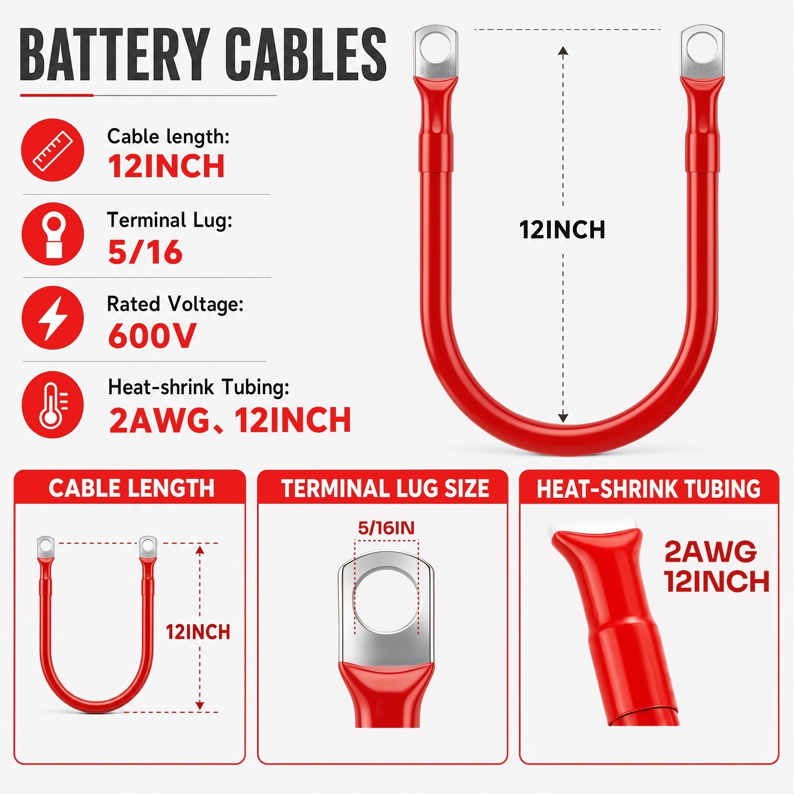 2 AWG Copper Battery Cable Power Wire Car, Marine, Inverter, RV, Solar 5/16”