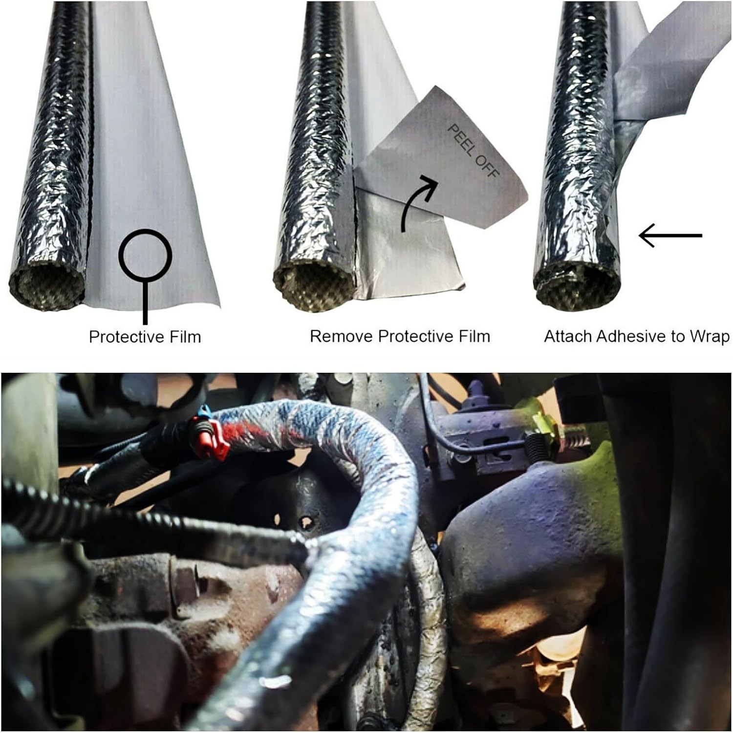 Self-Wrap Aluminum Heat Reflective Sleeve – 6mm x 39″ for Auto Wiring Protection