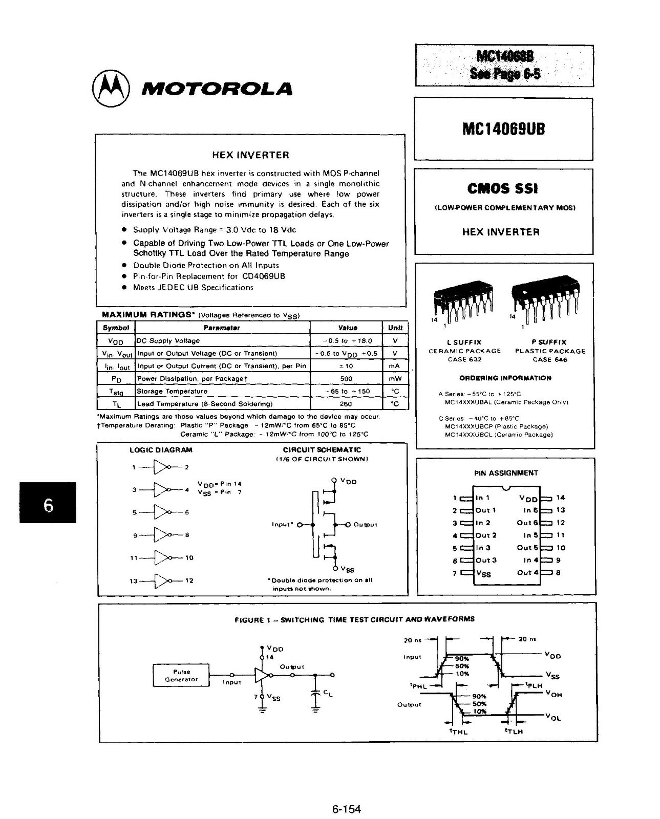 Motorola, MC14069UBCPDS, Hex Inverter, PDIP-14 (4 Pcs)