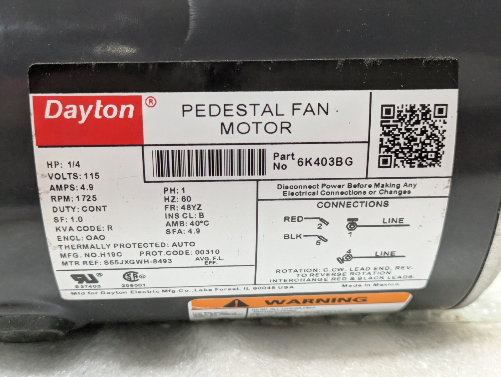 DAYTON PEDESTAL FAN MOTOR 6K403BG 1/4HP 115V 4.9AMPS 1725RPM 60HZ 1PH
