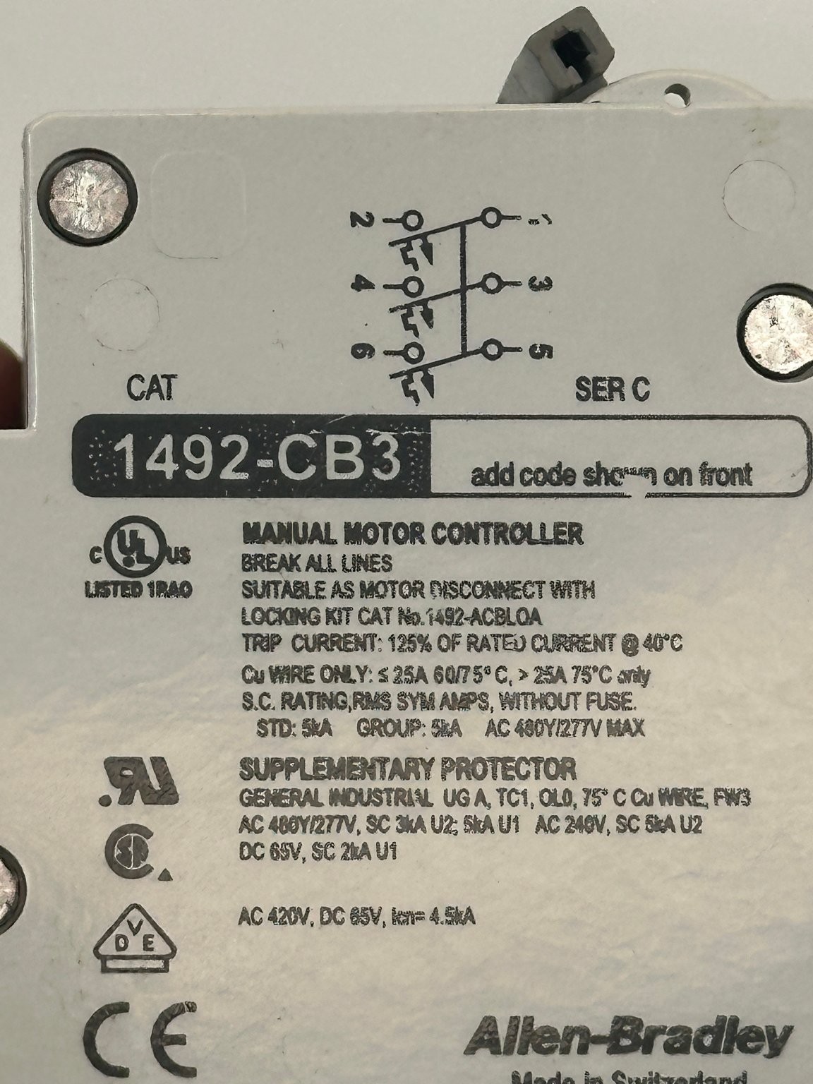 Allen-Bradley 1492-CB3 Manual Motor Controller 3A 480Y/277V 3ph TESTED