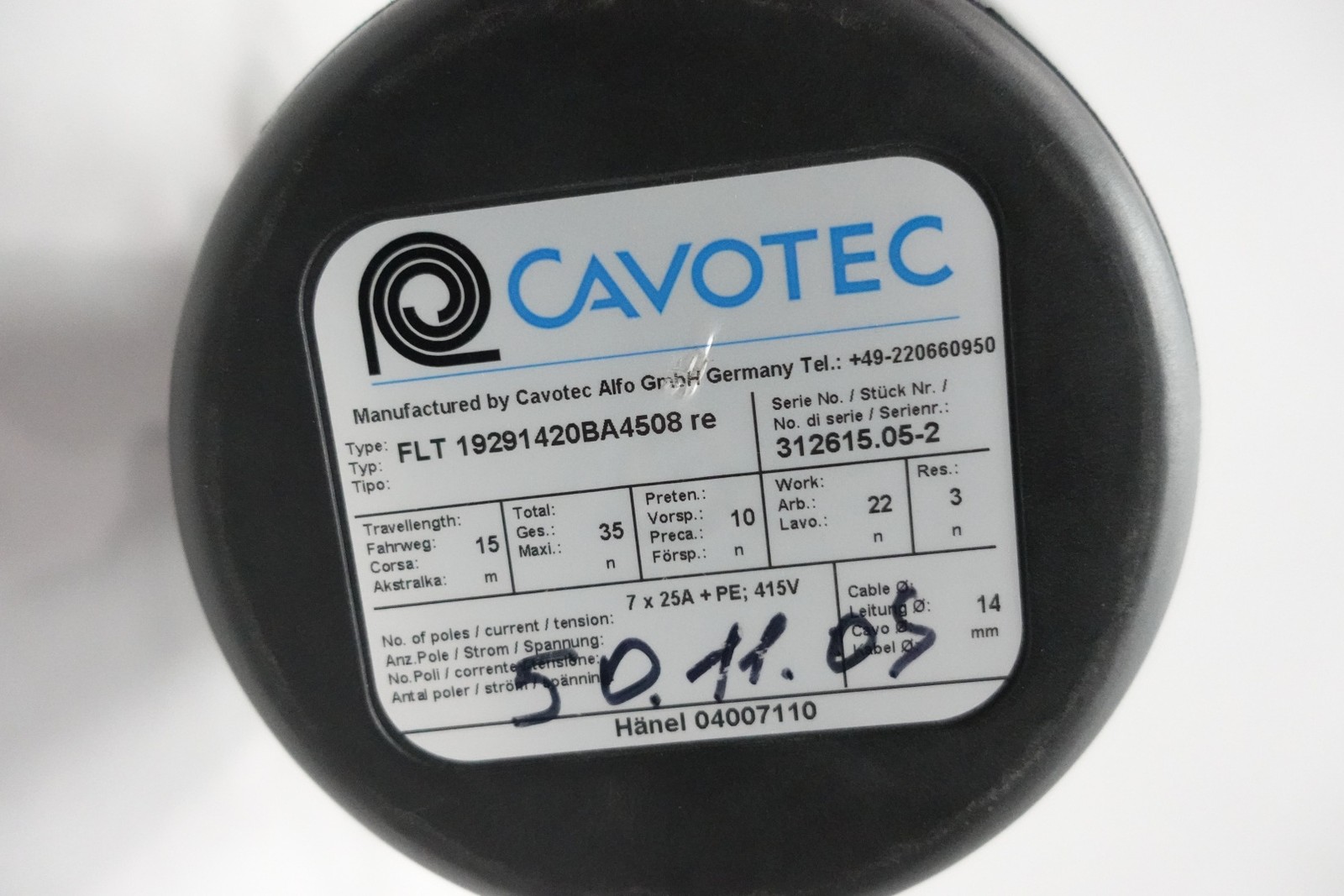 Cavotec FLT 19291420BA4508 RE Electric Cable Reel 25a 415v