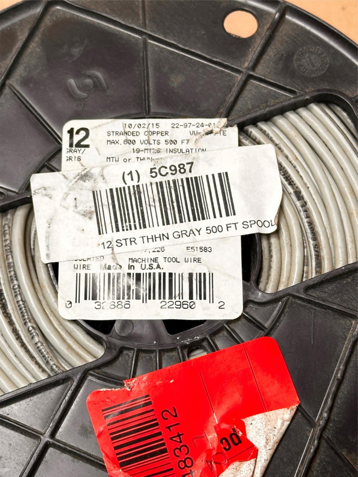 500ft Machine Tool Wire 12Str 12Awg THHN Cu 500SpC Gray Wire 600V USA Made