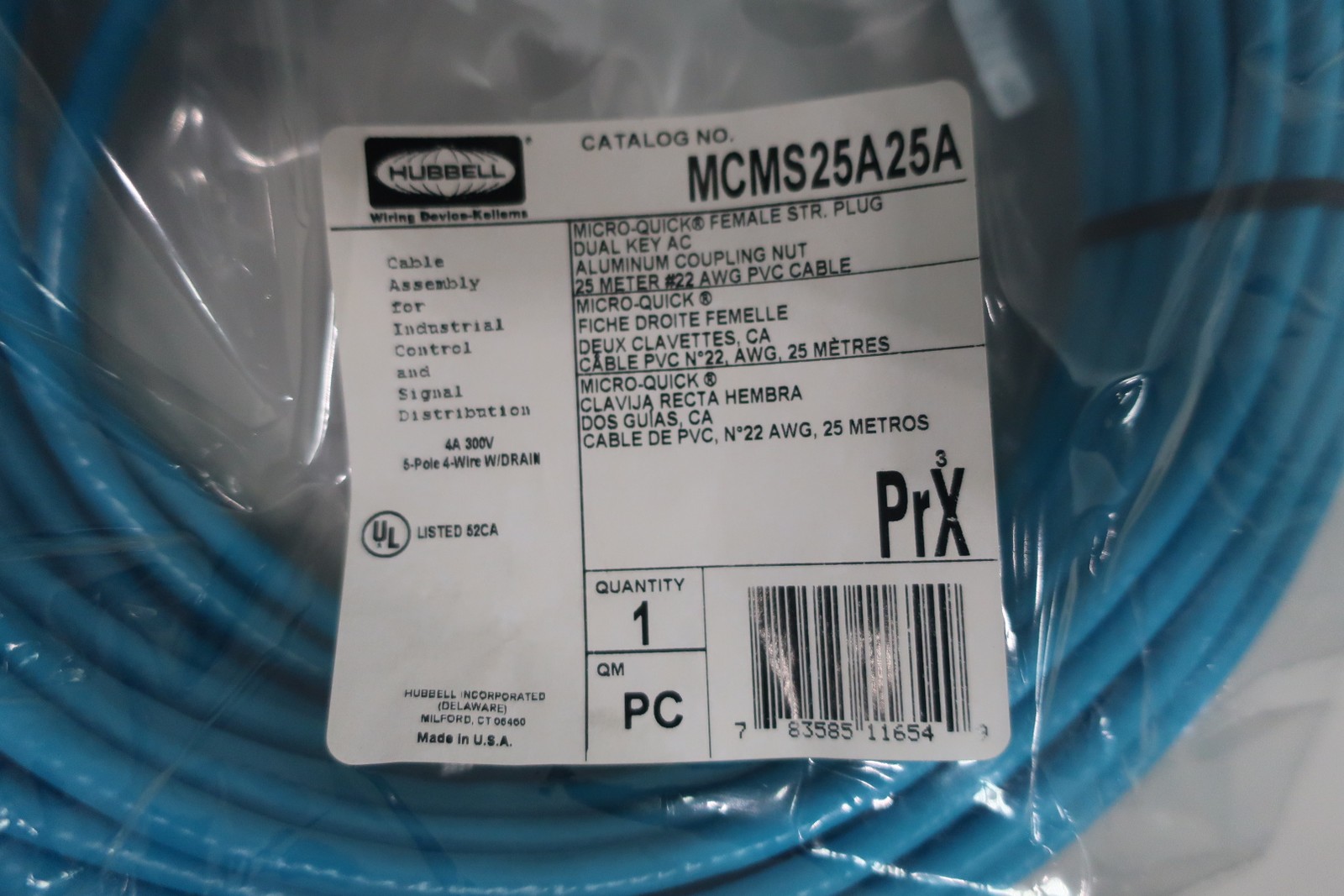 Hubbell MCMS25A25A Micro-quick Female Straight Plug Cordset 5p 4w 25m 300v-ac