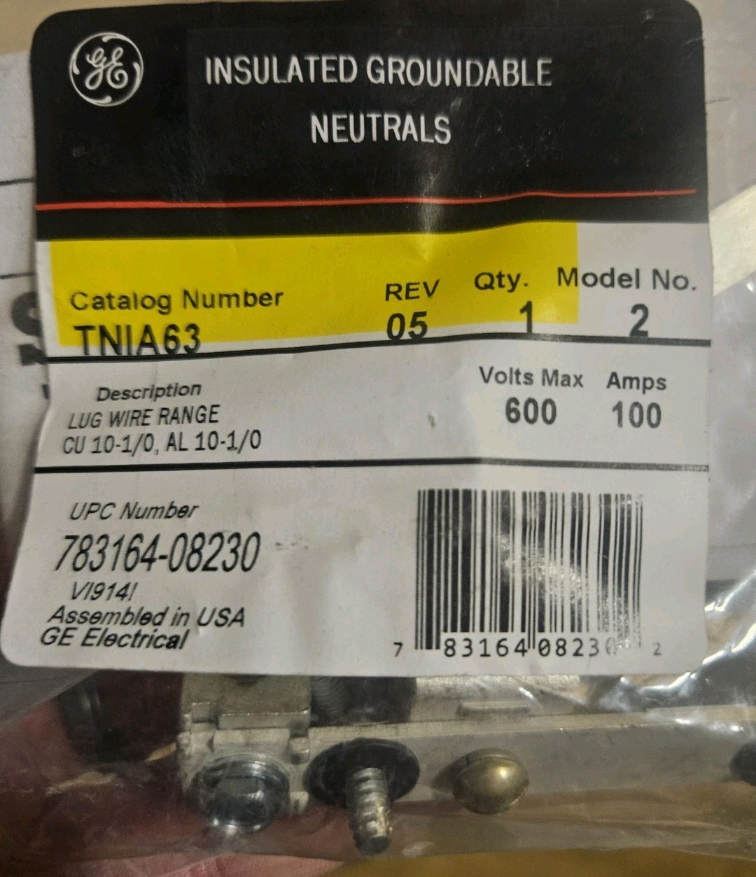 GE TNIA63 100 Amp 600 Volt Insultated Groundable Neutral FREE SHIPPING TNIA63