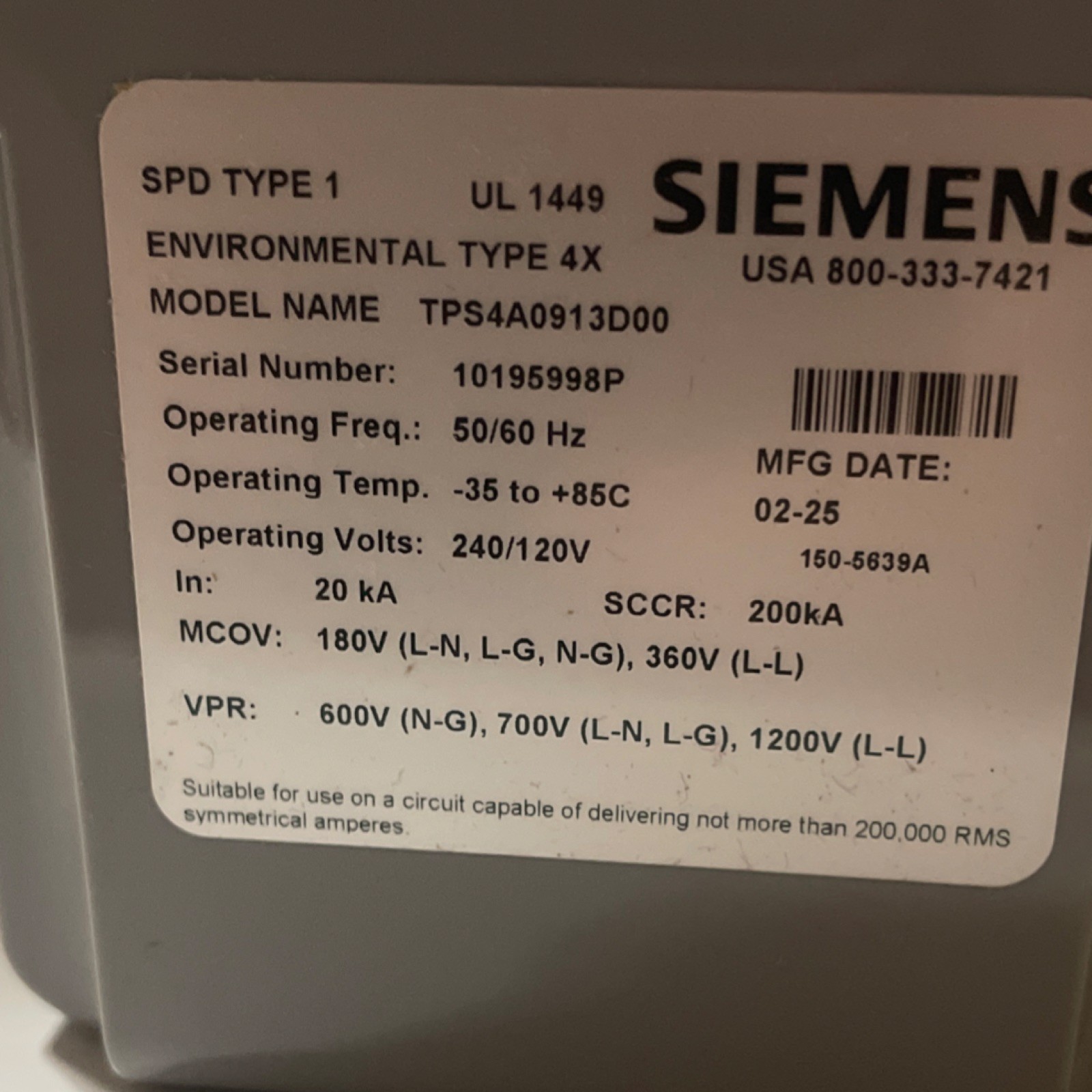 Siemens Industrial Surge Protective Device Model 100-2793 TPS4A0913D00