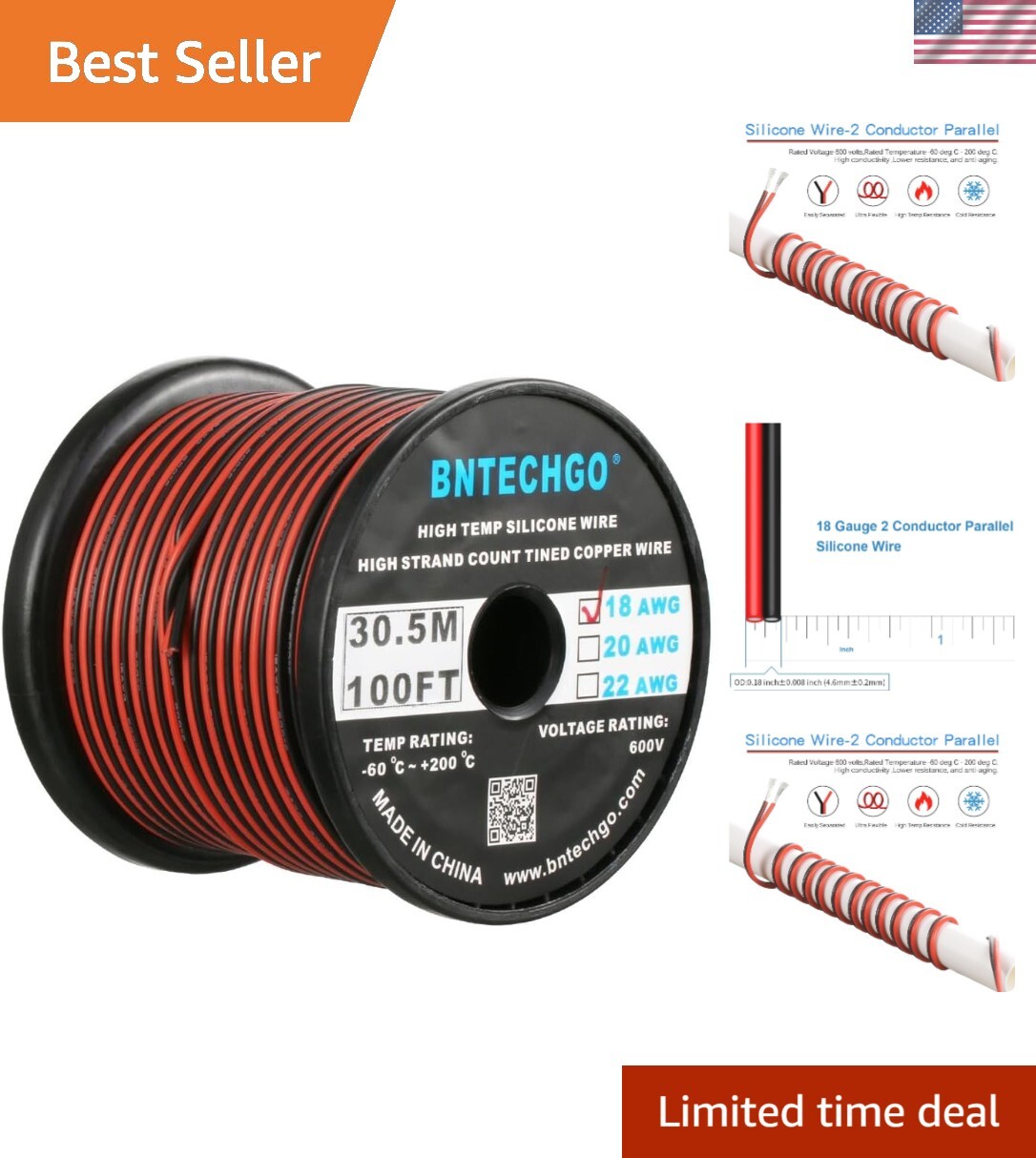 18 Gauge Flexible 2 Conductor Parallel Silicone Wire Spool Red Black High Res…