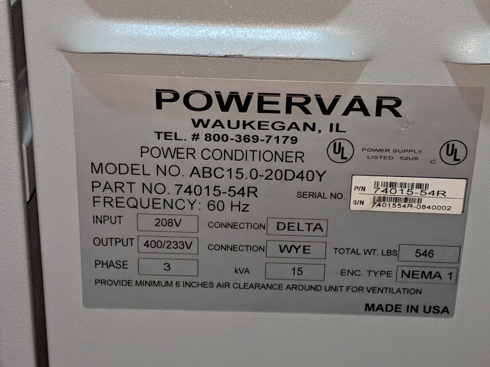Powervar GPI 2000 3PH 15kVA 400/230V Power Conditioner ABC15.0-20D40Y 74015-54R