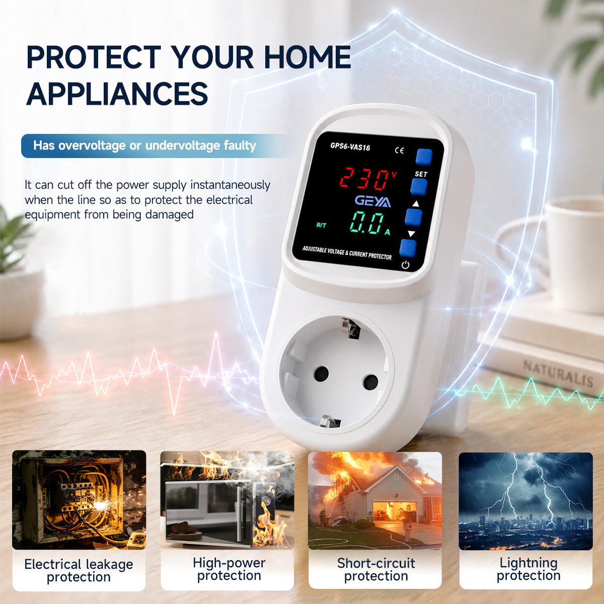 GEYA Over&Under Voltage Current Surge Protector Socket 16A AC220V EU Plug Socket