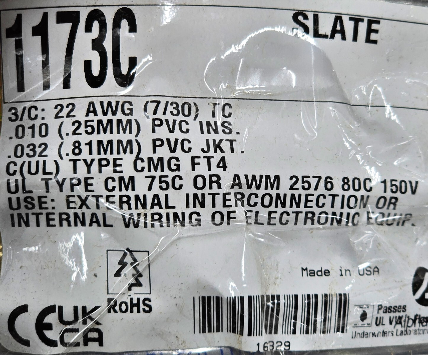 Alpha Wire 1173C 22/3C Communication/Control Cable UL-2576 80C/300V Gray /50ft