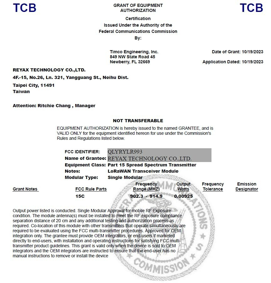 RYLR993_Lite 868/915MHz LoRaWAN® & Proprietary FCC NCC CE MIC certification