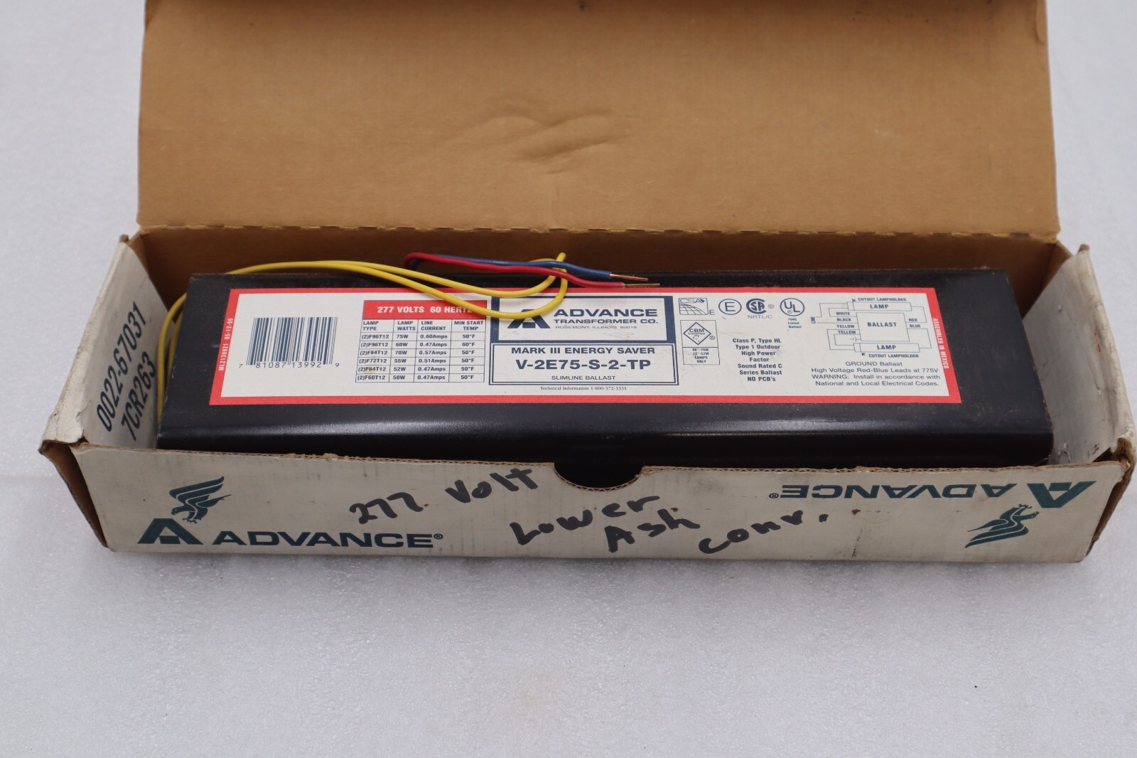 ADVANCE BALLAST V2E75-S-TP MARK III ENERGY SAVER #L-778