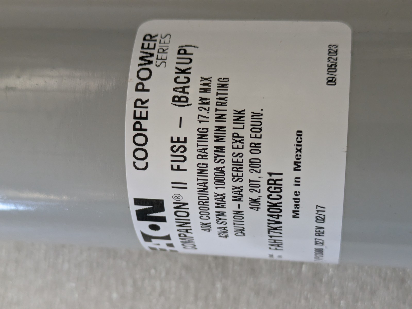 EATON COOPER POWER FAH17KV40KCGR1 CURRENT LIMITING FUSE 15.5/17.2KV 40K 43KA